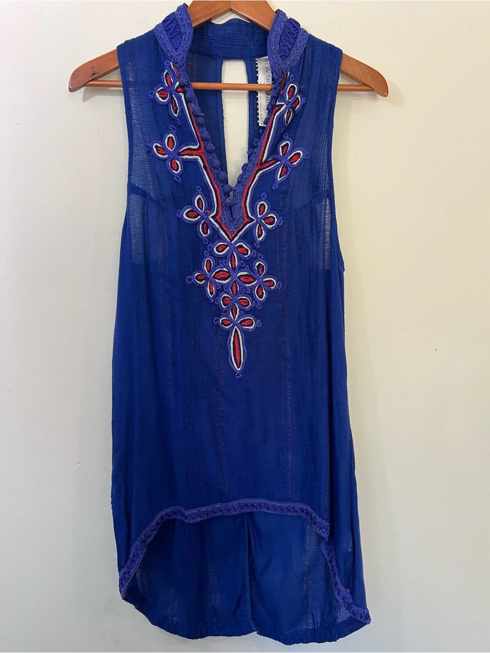 Free People New Romantics Blue Embroidered V-Neck Boho Festival Tunic Tank small